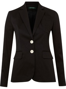 Women's Long Sleeved Two Button Blazer, Black - style: single breasted blazer; collar: standard lapel/rever collar; predominant colour: black; occasions: casual, evening, work; length: standard; fit: tailored/fitted; fibres: cotton - stretch; waist detail: fitted waist; sleeve length: long sleeve; sleeve style: standard; texture group: cotton feel fabrics; collar break: medium; pattern type: fabric; pattern size: light/subtle; embellishment: embroidered