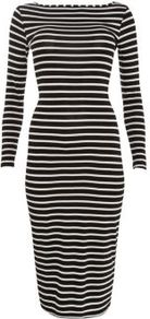 Monochrome Stripe 3/4 Sleeve Midi Dress - length: below the knee; neckline: slash/boat neckline; fit: tight; pattern: horizontal stripes; style: bodycon; hip detail: fitted at hip; predominant colour: black; occasions: casual, evening, work; fibres: polyester/polyamide - stretch; sleeve length: long sleeve; sleeve style: standard; texture group: jersey - clingy; pattern type: fabric; pattern size: standard
