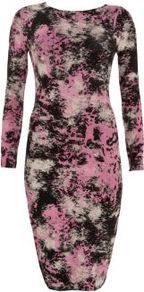 Pink And Black Tie Dye Midi Dress - length: below the knee; neckline: round neck; style: bodycon; waist detail: fitted waist; hip detail: fitted at hip; occasions: casual, evening, holiday; fit: body skimming; fibres: polyester/polyamide - stretch; predominant colour: multicoloured; sleeve length: long sleeve; sleeve style: standard; texture group: jersey - clingy; trends: statement prints; pattern type: fabric; pattern size: big & busy; pattern: patterned/print