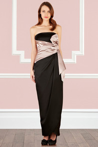 Leirah Bow Maxi Dress - neckline: strapless (straight/sweetheart); pattern: plain; style: maxi dress; sleeve style: strapless; waist detail: embellishment at waist/feature waistband; back detail: low cut/open back; predominant colour: black; occasions: evening, occasion; length: floor length; fit: body skimming; fibres: viscose/rayon - stretch; hip detail: ruching/gathering at hip; bust detail: contrast pattern/fabric/detail at bust; sleeve length: sleeveless; texture group: structured shiny - satin/tafetta/silk etc.; pattern type: fabric; pattern size: small & light