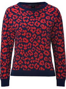 Carpathian Blue/Multi Lita Cheetah Sweater - style: standard; predominant colour: true red; occasions: casual, work; length: standard; fibres: cotton - mix; fit: standard fit; neckline: crew; sleeve length: long sleeve; sleeve style: standard; texture group: knits/crochet; trends: statement prints; pattern type: knitted - other; pattern size: small & busy; pattern: animal print