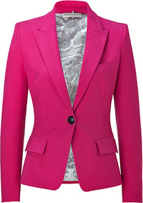 Rosebud Cotton Blend Blazer - pattern: plain; style: single breasted blazer; collar: standard lapel/rever collar; predominant colour: hot pink; occasions: casual, evening, work, occasion; length: standard; fit: tailored/fitted; fibres: cotton - stretch; waist detail: fitted waist; sleeve length: long sleeve; sleeve style: standard; texture group: crepes; collar break: medium; pattern type: fabric; pattern size: standard