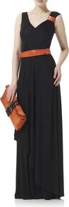 Jersey And Leather Sleeveless Long Dress - neckline: low v-neck; pattern: plain; sleeve style: sleeveless; style: maxi dress; back detail: low cut/open back; waist detail: belted waist/tie at waist/drawstring; bust detail: ruching/gathering/draping/layers/pintuck pleats at bust; predominant colour: black; occasions: evening, occasion; length: floor length; fit: fitted at waist & bust; fibres: viscose/rayon - 100%; shoulder detail: added shoulder detail; sleeve length: sleeveless; pattern type: fabric; pattern size: standard; texture group: jersey - stretchy/drapey