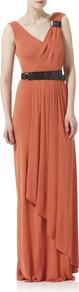 Jersey And Leather Sleeveless Long Dress - neckline: low v-neck; pattern: plain; sleeve style: sleeveless; style: maxi dress; waist detail: belted waist/tie at waist/drawstring; predominant colour: terracotta; occasions: evening, occasion; length: floor length; fit: fitted at waist & bust; fibres: viscose/rayon - 100%; sleeve length: sleeveless; texture group: silky - light; pattern type: fabric; pattern size: standard