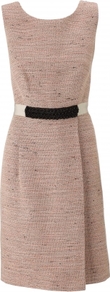 Sophia Dress - style: shift; neckline: round neck; sleeve style: sleeveless; waist detail: embellishment at waist/feature waistband; back detail: low cut/open back; pattern: herringbone/tweed; predominant colour: blush; occasions: casual, evening, work, occasion; length: on the knee; fit: fitted at waist & bust; fibres: cotton - mix; sleeve length: sleeveless; trends: glamorous day shifts; pattern type: fabric; pattern size: small & light; texture group: tweed - bulky/heavy