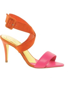 Jolea Strapped Sandals - predominant colour: bright orange; occasions: evening, occasion; material: leather; heel height: high; ankle detail: ankle strap; heel: stiletto; toe: open toe/peeptoe; style: strappy; finish: plain; pattern: colourblock