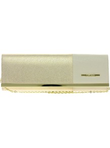 Gold And Cream Colourblock Slim Clutch - predominant colour: gold; occasions: evening, occasion; type of pattern: standard; style: clutch; length: hand carry; size: small; material: faux leather; trends: metallics; finish: metallic; pattern: colourblock; embellishment: chain/metal