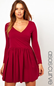Curve Skater Dress With Ballet Wrap - style: faux wrap/wrap; length: mid thigh; neckline: low v-neck; pattern: plain; predominant colour: burgundy; occasions: casual, evening, work; fit: fitted at waist & bust; fibres: cotton - stretch; hip detail: soft pleats at hip/draping at hip/flared at hip; sleeve length: long sleeve; sleeve style: standard; trends: volume; pattern type: fabric; texture group: jersey - stretchy/drapey
