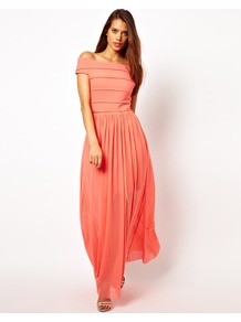 Bandage Maxi Dress With Chain Belt - neckline: off the shoulder; sleeve style: capped; pattern: plain; style: maxi dress; predominant colour: coral; occasions: casual, evening, occasion, holiday; length: floor length; fit: fitted at waist & bust; fibres: polyester/polyamide - stretch; hip detail: soft pleats at hip/draping at hip/flared at hip; bust detail: contrast pattern/fabric/detail at bust; sleeve length: short sleeve; texture group: sheer fabrics/chiffon/organza etc.; pattern type: fabric; pattern size: small & light