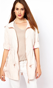 Zip Through Hooded Parka - pattern: plain; length: below the bottom; fit: loose; style: parka; collar: high neck; predominant colour: blush; occasions: casual; fibres: polyester/polyamide - mix; waist detail: belted waist/tie at waist/drawstring; sleeve length: long sleeve; sleeve style: standard; texture group: crepes; collar break: high; pattern type: fabric