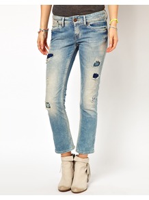 Elora Distressed Jeans - pattern: plain; pocket detail: traditional 5 pocket; style: slim leg; waist: mid/regular rise; predominant colour: denim; occasions: casual; length: ankle length; fibres: cotton - stretch; jeans detail: shading down centre of thigh, washed/faded; texture group: denim; pattern type: fabric