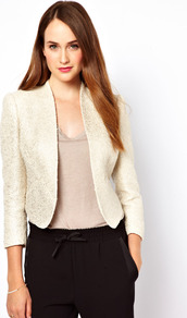 Metallic Boucle Jacket - pattern: plain; style: single breasted blazer; collar: standard lapel/rever collar; predominant colour: ivory; occasions: casual, evening, work; length: standard; fit: tailored/fitted; fibres: cotton - mix; sleeve length: 3/4 length; sleeve style: standard; trends: metallics; collar break: low/open; pattern type: fabric; pattern size: small & light; texture group: tweed - light/midweight