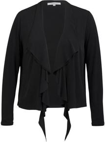Black Waterfall Jersey Shrug - pattern: plain; neckline: waterfall neck; style: open front; predominant colour: black; occasions: casual, evening, work; length: standard; fibres: polyester/polyamide - stretch; fit: loose; sleeve length: long sleeve; sleeve style: standard; texture group: knits/crochet; pattern type: fabric; pattern size: standard