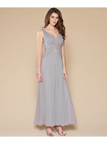 Ruth Maxi Dress - neckline: low v-neck; pattern: plain; sleeve style: sleeveless; style: maxi dress; bust detail: added detail/embellishment at bust; waist detail: fitted waist; back detail: low cut/open back; predominant colour: silver; occasions: evening, occasion; length: floor length; fit: fitted at waist & bust; fibres: polyester/polyamide - 100%; hip detail: soft pleats at hip/draping at hip/flared at hip; shoulder detail: added shoulder detail; sleeve length: sleeveless; texture group: sheer fabrics/chiffon/organza etc.; trends: metallics; pattern type: fabric; pattern size: small & light; embellishment: sequins