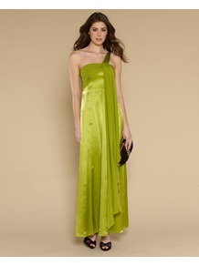 Hermera Maxi Dress - neckline: off the shoulder; sleeve style: capped; fit: empire; pattern: plain; style: maxi dress; waist detail: fitted waist; back detail: low cut/open back; bust detail: ruching/gathering/draping/layers/pintuck pleats at bust; predominant colour: lime; occasions: evening, occasion; length: floor length; fibres: silk - 100%; hip detail: soft pleats at hip/draping at hip/flared at hip; shoulder detail: asymmetric shoulder detail/one shoulder; sleeve length: sleeveless; texture group: structured shiny - satin/tafetta/silk etc.; pattern type: fabric