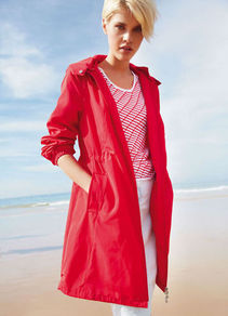 Summer Parka - pattern: plain; fit: loose; style: parka; back detail: hood; length: on the knee; collar: high neck; predominant colour: true red; occasions: casual; fibres: polyester/polyamide - 100%; sleeve length: long sleeve; sleeve style: standard; collar break: high; pattern type: fabric; texture group: other - light to midweight