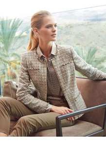 Versatile Jacket - style: single breasted blazer; bust detail: added detail/embellishment at bust; collar: high neck; pattern: herringbone/tweed; predominant colour: stone; occasions: casual, evening, work, occasion; length: standard; fit: tailored/fitted; fibres: cotton - mix; waist detail: fitted waist; sleeve length: long sleeve; sleeve style: standard; collar break: high; pattern type: fabric; pattern size: standard; texture group: woven light midweight
