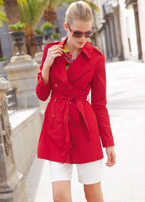 Trench Coat - pattern: plain; length: below the bottom; shoulder detail: obvious epaulette; style: mac; collar: standard lapel/rever collar; predominant colour: true red; occasions: casual, work; fit: tailored/fitted; fibres: polyester/polyamide - 100%; waist detail: belted waist/tie at waist/drawstring; sleeve length: long sleeve; sleeve style: standard; collar break: medium; pattern type: fabric; texture group: woven light midweight
