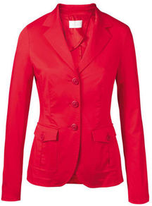 Cotton Blazer - pattern: plain; style: single breasted blazer; collar: standard lapel/rever collar; predominant colour: true red; occasions: casual, evening, work; length: standard; fit: tailored/fitted; fibres: cotton - stretch; waist detail: fitted waist; sleeve length: long sleeve; sleeve style: standard; texture group: cotton feel fabrics; collar break: medium; pattern type: fabric