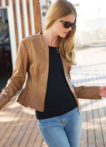 Leather Jacket - pattern: plain; style: biker; collar: standard biker; fit: slim fit; predominant colour: tan; occasions: casual; length: standard; fibres: leather - 100%; sleeve length: long sleeve; sleeve style: standard; texture group: leather; collar break: high/illusion of break when open; pattern type: fabric