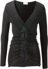 Cardigan - neckline: low v-neck; pattern: plain; length: below the bottom; predominant colour: black; occasions: casual, evening, work; style: standard; fibres: polyester/polyamide - 100%; fit: slim fit; hip detail: ruching/gathering at hip; waist detail: fitted waist; back detail: longer hem at back than at front; sleeve length: long sleeve; sleeve style: standard; texture group: jersey - clingy; trends: sculptural frills; bust detail: tiers/frills/bulky drapes/pleats; pattern type: knitted - fine stitch; pattern size: standard