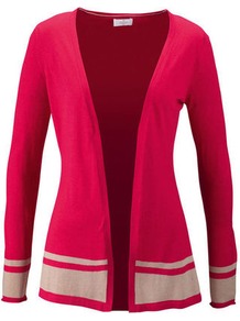 Summer Cardigan - length: below the bottom; neckline: collarless open; style: open front; predominant colour: hot pink; secondary colour: stone; occasions: casual, work; fibres: silk - mix; fit: standard fit; sleeve length: long sleeve; sleeve style: standard; texture group: knits/crochet; pattern type: knitted - fine stitch; pattern size: small & light; pattern: colourblock