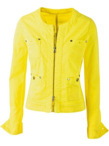 Denim Jacket - pattern: plain; collar: round collar/collarless; style: denim; fit: slim fit; predominant colour: yellow; occasions: casual; length: standard; fibres: cotton - stretch; sleeve length: long sleeve; sleeve style: standard; texture group: denim; collar break: high/illusion of break when open; pattern type: fabric