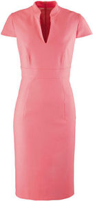 Shift Dress - style: shift; sleeve style: capped; fit: tailored/fitted; pattern: plain; predominant colour: pink; length: just above the knee; neckline: mandarin with v-neck; fibres: polyester/polyamide - stretch; occasions: occasion; sleeve length: sleeveless; pattern type: fabric; texture group: other - light to midweight