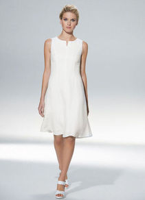 Linen Dress - neckline: v-neck; pattern: plain; sleeve style: sleeveless; waist detail: fitted waist; predominant colour: white; occasions: evening, occasion; length: on the knee; fit: fitted at waist & bust; style: fit & flare; fibres: linen - mix; sleeve length: sleeveless; texture group: linen; pattern type: fabric