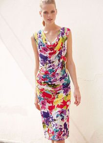 Knitted Dress - style: shift; length: below the knee; neckline: cowl/draped neck; sleeve style: sleeveless; waist detail: twist front waist detail/nipped in at waist on one side/soft pleats/draping/ruching/gathering waist detail; bust detail: ruching/gathering/draping/layers/pintuck pleats at bust; secondary colour: white; occasions: casual, occasion, holiday; fit: body skimming; predominant colour: multicoloured; sleeve length: sleeveless; trends: statement prints; pattern type: fabric; pattern size: big & busy; pattern: patterned/print; texture group: jersey - stretchy/drapey; fibres: viscose/rayon - mix
