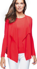 Cardigan - pattern: plain; neckline: waterfall neck; style: open front; predominant colour: coral; occasions: casual, work; length: standard; fit: standard fit; sleeve length: long sleeve; sleeve style: standard; texture group: knits/crochet; pattern type: knitted - fine stitch; fibres: viscose/rayon - mix