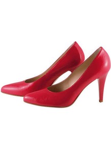 Heels - predominant colour: true red; occasions: evening, work, occasion; material: leather; heel height: high; heel: stiletto; toe: pointed toe; style: courts; finish: plain; pattern: plain
