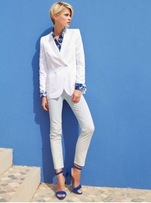 Blazer - pattern: plain; style: double breasted blazer; collar: standard lapel/rever collar; predominant colour: white; occasions: casual; length: standard; fit: tailored/fitted; sleeve length: long sleeve; sleeve style: standard; collar break: medium; pattern type: fabric; texture group: other - light to midweight; fibres: viscose/rayon - mix