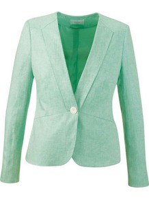 Linen Jacket - pattern: plain; style: single breasted blazer; collar: standard lapel/rever collar; predominant colour: mint green; length: standard; fit: tailored/fitted; fibres: linen - 100%; occasions: occasion; sleeve length: long sleeve; sleeve style: standard; texture group: linen; collar break: medium; pattern type: fabric