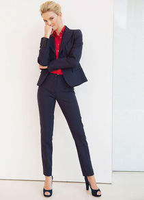 Blazer - pattern: plain; style: single breasted blazer; collar: standard lapel/rever collar; predominant colour: navy; occasions: work; length: standard; fit: tailored/fitted; fibres: polyester/polyamide - mix; back detail: back vent/flap at back; sleeve length: long sleeve; sleeve style: standard; collar break: low/open; pattern type: fabric; texture group: woven light midweight