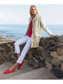 Summery Outdoor Jacket - pattern: plain; length: below the bottom; collar: funnel; style: single breasted; fit: slim fit; predominant colour: ivory; occasions: casual; fibres: cotton - mix; shoulder detail: discreet epaulette; sleeve length: long sleeve; sleeve style: standard; texture group: cotton feel fabrics; collar break: high/illusion of break when open; pattern type: fabric