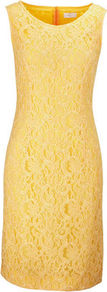 Lace Dress - style: shift; neckline: round neck; fit: tailored/fitted; sleeve style: sleeveless; waist detail: fitted waist; predominant colour: yellow; occasions: evening, occasion; length: on the knee; fibres: cotton - mix; sleeve length: sleeveless; texture group: lace; pattern type: fabric; pattern size: standard; pattern: patterned/print
