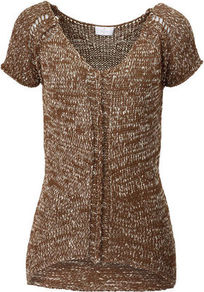 Ribbon Yarn Sweater - neckline: low v-neck; style: standard; predominant colour: tan; occasions: casual; length: standard; fibres: cotton - mix; fit: standard fit; sleeve length: short sleeve; sleeve style: standard; texture group: knits/crochet; pattern type: knitted - other; pattern size: standard; pattern: patterned/print