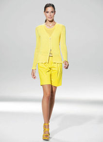 Cardigan - neckline: low v-neck; pattern: plain; bust detail: added detail/embellishment at bust; predominant colour: yellow; occasions: casual, work, holiday; length: standard; style: standard; fibres: polyester/polyamide - stretch; fit: standard fit; sleeve length: long sleeve; sleeve style: standard; texture group: knits/crochet; pattern type: knitted - big stitch; pattern size: standard