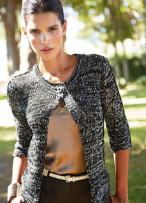 Ribbon Yarn Cardigan - neckline: round neck; pattern: plain; predominant colour: black; occasions: casual, work; length: standard; style: standard; fibres: cotton - mix; fit: standard fit; sleeve length: 3/4 length; sleeve style: standard; texture group: knits/crochet; pattern type: knitted - other; pattern size: standard