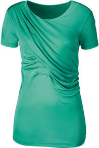 T Shirt - neckline: round neck; pattern: plain; style: t-shirt; bust detail: ruching/gathering/draping/layers/pintuck pleats at bust; predominant colour: emerald green; occasions: casual; length: standard; fibres: viscose/rayon - stretch; fit: body skimming; sleeve length: short sleeve; sleeve style: standard; pattern type: fabric; texture group: jersey - stretchy/drapey