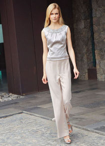 Evening Top - neckline: round neck; pattern: plain; sleeve style: sleeveless; predominant colour: stone; occasions: evening; length: standard; style: top; fibres: polyester/polyamide - mix; fit: straight cut; sleeve length: sleeveless; texture group: structured shiny - satin/tafetta/silk etc.; pattern type: fabric