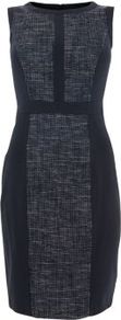 Navy Boucle Block Panel Pencil Dress - style: shift; neckline: round neck; fit: tailored/fitted; sleeve style: sleeveless; predominant colour: navy; occasions: evening, work; length: just above the knee; fibres: polyester/polyamide - 100%; sleeve length: sleeveless; trends: glamorous day shifts; pattern type: fabric; pattern size: standard; pattern: colourblock; texture group: tweed - light/midweight