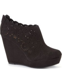 Black Cut Out Wedge Shoe Boots - predominant colour: black; occasions: casual, evening, work; material: faux leather; heel height: high; heel: wedge; toe: round toe; boot length: shoe boot; style: standard; finish: plain; pattern: plain