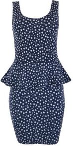 Navy Heart Print Peplum Sleeveless Dress - style: shift; length: mid thigh; sleeve style: sleeveless; back detail: low cut/open back; hip detail: fitted at hip; waist detail: peplum waist detail; predominant colour: navy; occasions: casual, evening, work; fit: body skimming; neckline: scoop; fibres: polyester/polyamide - 100%; sleeve length: sleeveless; texture group: jersey - clingy; trends: statement prints, sculptural frills; pattern type: fabric; pattern size: small & busy; pattern: patterned/print