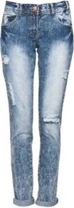 Blue Acid Wash Boyfriend Jeans - style: boyfriend; pattern: plain; pocket detail: traditional 5 pocket; waist: mid/regular rise; predominant colour: denim; occasions: casual; length: ankle length; fibres: cotton - 100%; jeans detail: shading down centre of thigh, washed/faded; jeans & bottoms detail: turn ups; texture group: denim; pattern type: fabric