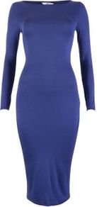 Blue 3/4 Sleeve Jersey Midi Dress - length: below the knee; neckline: slash/boat neckline; fit: tight; pattern: plain; style: bodycon; waist detail: fitted waist; hip detail: fitted at hip; predominant colour: royal blue; occasions: casual, evening, work; fibres: polyester/polyamide - stretch; sleeve length: long sleeve; sleeve style: standard; texture group: jersey - clingy; pattern type: fabric