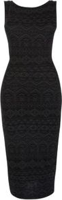 Grey Aztec Print Sleeveless Midi Dress - length: calf length; neckline: round neck; fit: tight; sleeve style: sleeveless; style: bodycon; waist detail: fitted waist; hip detail: fitted at hip; predominant colour: charcoal; occasions: casual, evening, work, holiday; fibres: polyester/polyamide - stretch; sleeve length: sleeveless; texture group: jersey - clingy; pattern type: fabric; pattern size: standard; pattern: patterned/print