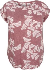 Inspire Plum Butterfly Print T Shirt - neckline: round neck; sleeve style: capped; style: t-shirt; predominant colour: magenta; occasions: casual; length: standard; fibres: cotton - 100%; fit: straight cut; sleeve length: short sleeve; pattern type: fabric; pattern size: standard; pattern: patterned/print; texture group: jersey - stretchy/drapey