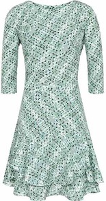 Nevarda Fit And Flare Frill Dress - length: mid thigh; neckline: round neck; waist detail: fitted waist; predominant colour: pistachio; occasions: casual, evening, work, occasion; fit: fitted at waist & bust; style: fit & flare; fibres: polyester/polyamide - 100%; sleeve length: 3/4 length; sleeve style: standard; texture group: sheer fabrics/chiffon/organza etc.; hip detail: ruffles/tiers/tie detail at hip; pattern type: fabric; pattern size: small & busy; pattern: patterned/print